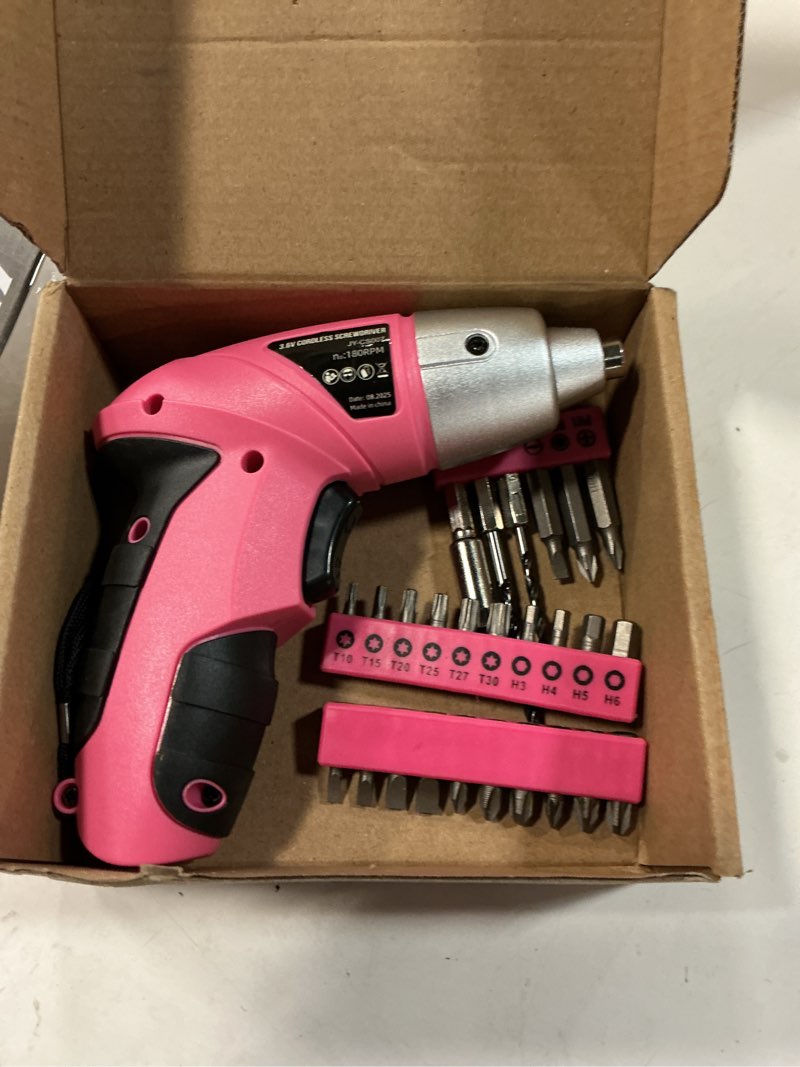 Condition photo showing Good Condition for hi-spec small electric screwdriver, mini drill set, rechargeable 3.6v cordless screwdriver with 26 driver bits, power tool for small projects & home use, pink | 27pc, speeds furniture assembly, comfortable cordless control, led work light, usb charging, organized storage
