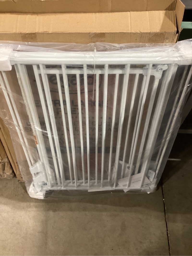 Condition photo showing New/Like New for regalo safety 28"-76” super wide configurable baby gate for doorways & open spaces, 3-panel wall mounted safety gate with door for babies, toddlers & pets, includes wall mount hardware 28-76"w x 30"h white