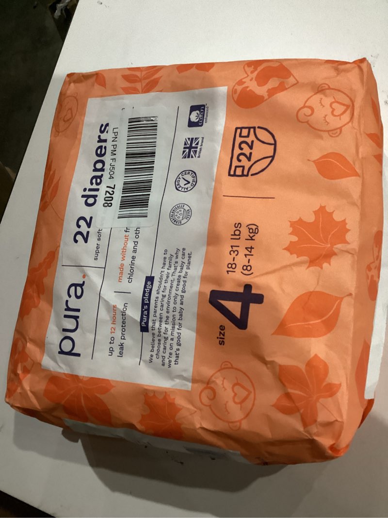 Condition photo showing Good Condition for Pura Size 4 Eco-Friendly Diapers (18-31lbs) Totally Chlorine Free (TCF) Hypoallergenic, Soft Organic Cotton, Sustainable Comfort, up to 12 Hours Leak Protection, Allergy UK, 22 Diapers (Pack of 1) Size 4 (22 Diapers)