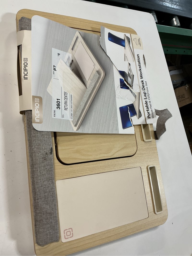 Condition photo showing Good Condition for incipio portable lap desk workstation with cushion base & carry handle, built-in mouse pad, tablet & phone holder slots, adjustable laptop stand for bed, couch & office use-oak