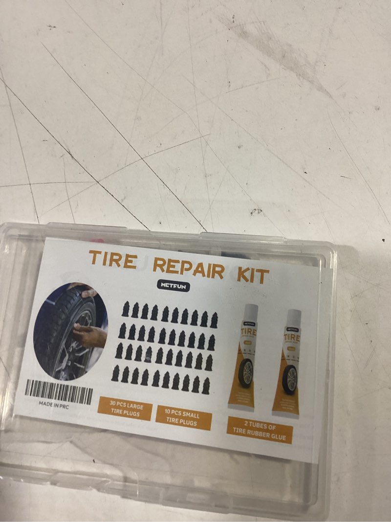 Condition photo showing As Is for 40 pcs tire repair rubber nails kit with 2 tubes of black tire sealant glue, 2026 new screw in tire plugs kit, fast self-service tire repair screws kit for car motorcycle truck tractor puncture repair