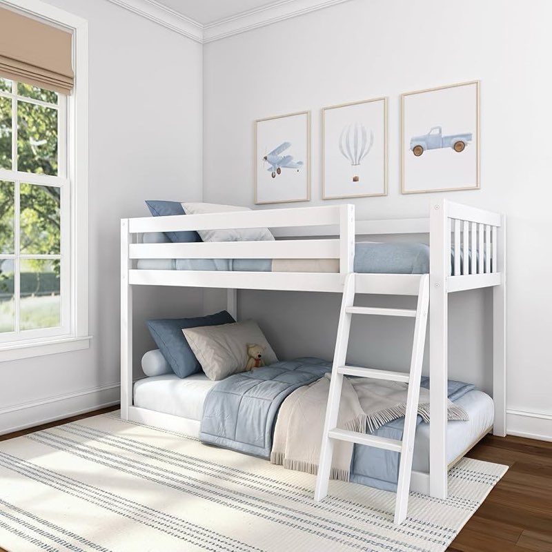Lily Fundamental Win Low Bunk bed. Kids Serd Wood Modern Hea Frame with Strong Wooden Slars