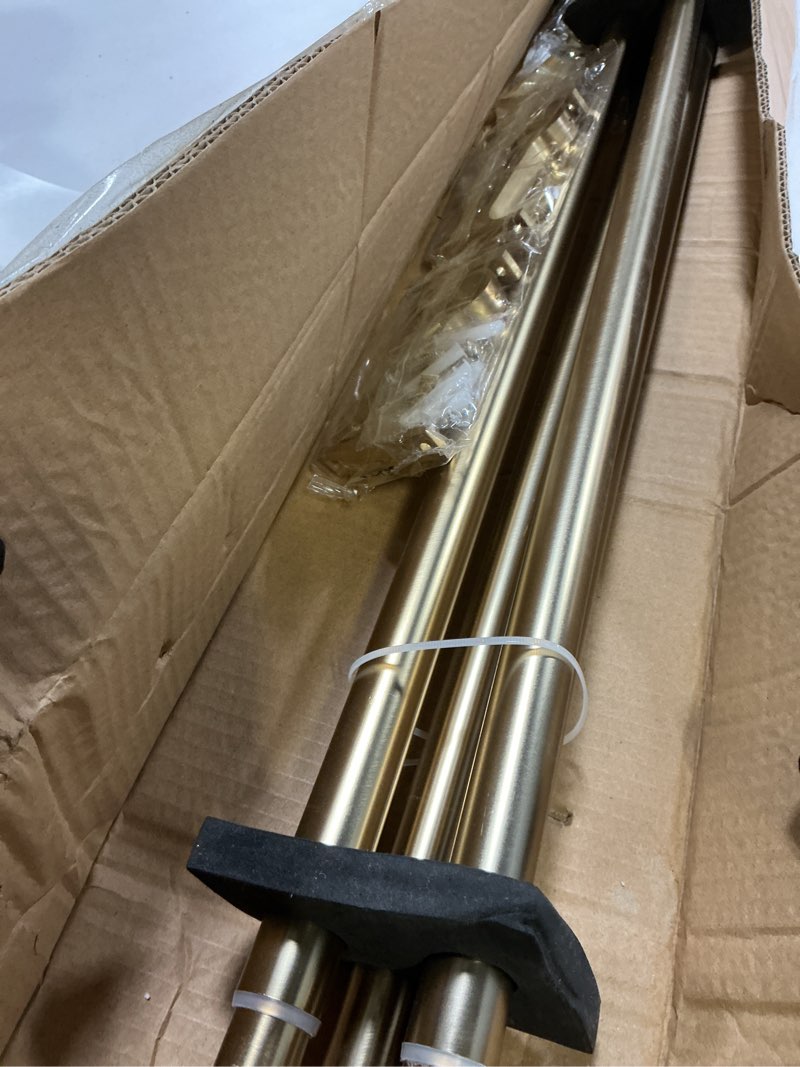 Condition photo showing As Is for 2 Pack Heavy Duty 1 Inch Diameter Single Curtain Rods 72-144” Adjustable Window Curtain Rod with with Cylindrical Cap Finials, Wall Mount and Ceiling Mount, Warm Gold Warm Gold 72-144"