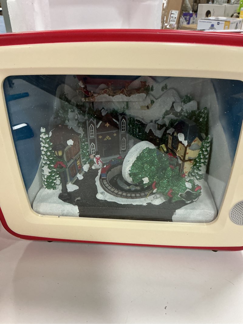 Condition photo showing Good Condition for Retro Christmas TV LED Water Spinner Santa Scene Lighted Holiday Snow Globe Decor Battery Operated Acrylic Vintage Television with Spinning Glitter Warm LED Lights Christmas Decor 8.27"x4.72"x6.69"