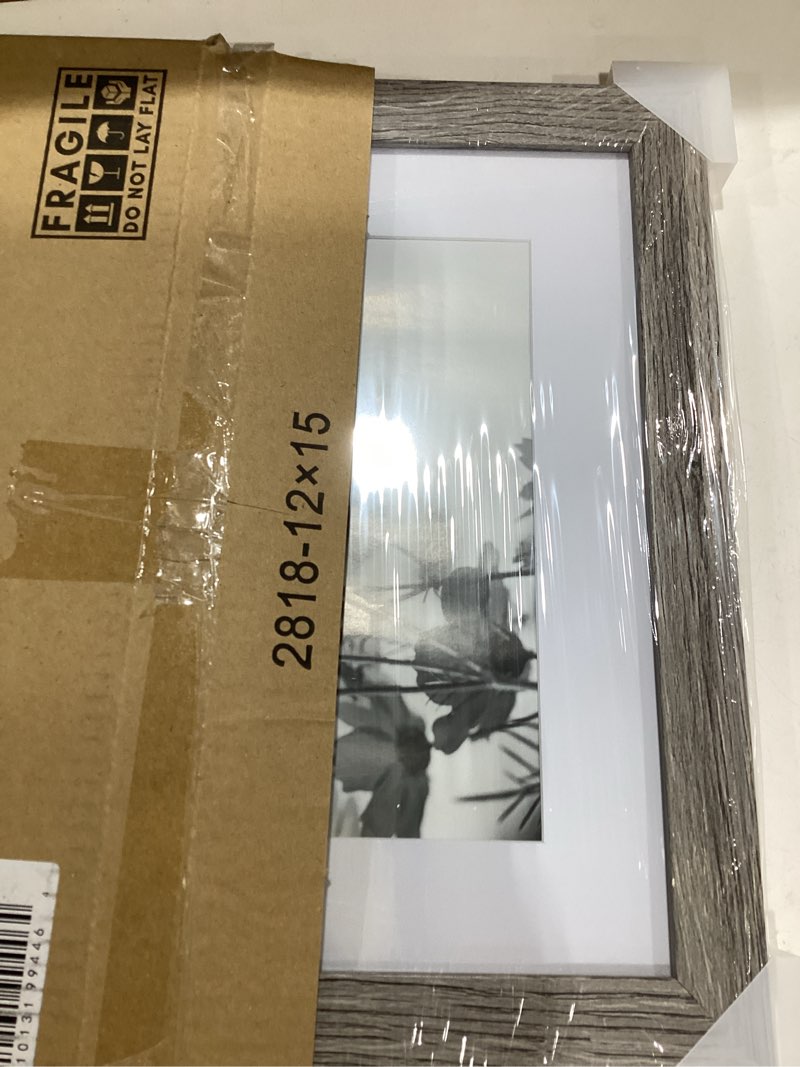 Condition photo showing Good Condition for americanflat 12x15 picture frame with shatter-resistant glass - use as 9x12 frame with mat or display 12x15 photo without mat - hudson collection - wide picture frames for wall display - grey wood grey wood 12x15