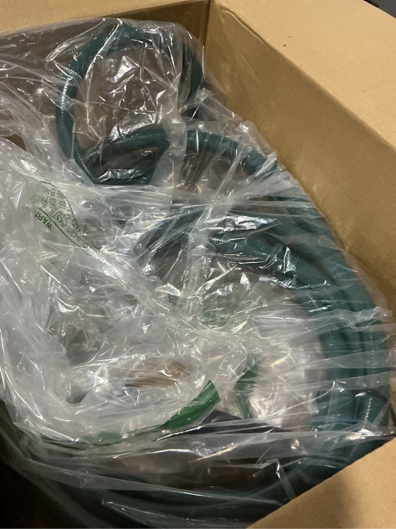 Condition photo showing As Is for worth lead-in green garden hose 5/8 in. x 25 ft. -kink free, no leaking, male/female fittings -heavy duty durable flexible lightweight water pipe -brass aluminum ends for household & yard use