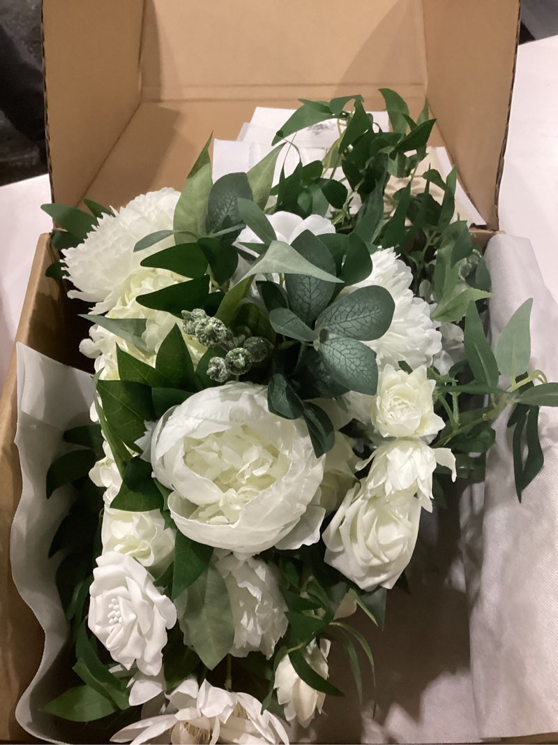 Condition photo showing Good Condition for Ling's moment White Bridal Bouquet Cascading, Ivory Wedding Bouquets for Bride, 15 Inch Bride Bouquets for Wedding Artificial Flowers Bouquets Wht-white & Ivory Medium 15 Inch