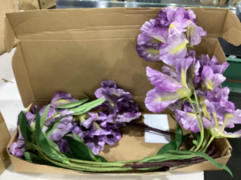 Condition photo showing Good Condition for purple iris artificial flowers 5pcs silk iris flowers with stems 35.6" long stem purple flowers artificial for decorations, wedding centerpieces, home decor indoor