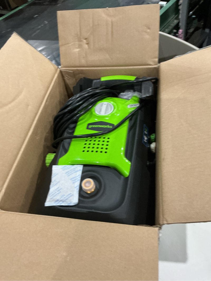 Condition photo showing As Is for greenworks compact electric pressure washer, 1.2 gpm (csa certified, lightweight, 20 ft tangle-free hose, 35 ft power cord) great for cars, fences, patios, driveways, decks and patios pressure washer 1600 psi