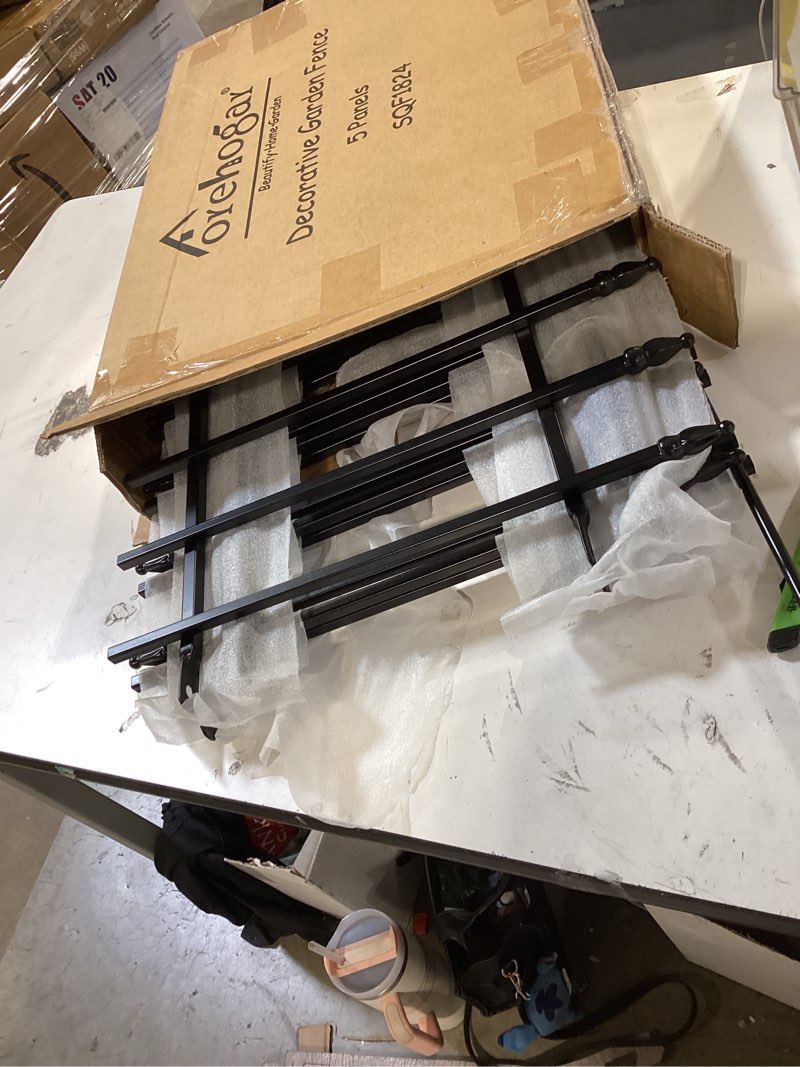 Condition photo showing As Is for forehogar decorative metal garden fence 18 in h x 10 ft l, small border roman column deco, barrier fencing for yard flower bed lawn landscape outdoor, 5 panels + 6 stakes black 18?h x 10ft?5 panels?