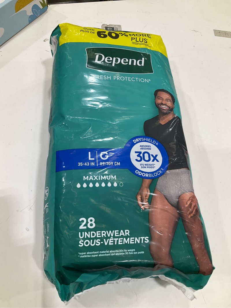 Condition photo showing New/Like New for depend fresh protection adult diapers, incontinence underwear for men, disposable, maximum, large, grey, 28 count, packaging may vary large 28