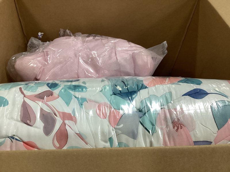 Condition photo showing Good Condition for MUXHOMO Pink Blue Branch Bed in a Bag Queen 7 Pieces, Queen Comforter Set Reversible Botanical Flowers Design, Ultra Soft & Breathable Bedding Sets with Comforter, Sheets, Pillowcases & Shams Queen(88"x 88") Pink Blue Branch