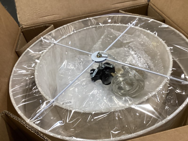 Condition photo showing Good Condition for similar to 17.7\" modern drum chandeliers, 3-light pendant light fixture with e26 bases, 2-layer round fabric shade chandeliers for dining room, bedroom, living room, kitchen, foyer gold 17.7\" dual-round