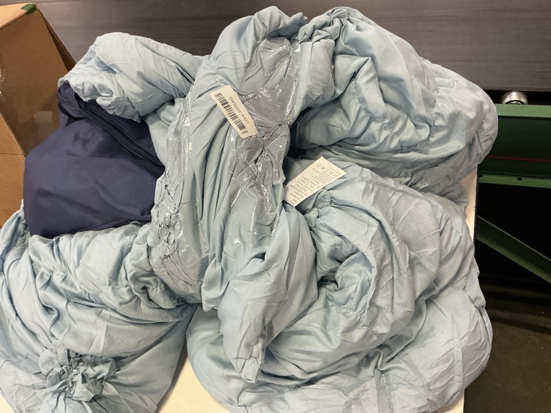 Condition photo showing As Is for sky blue comforter set full size bed in a bag 7 piece pinch pleat bedding set, pintuck ruched flowers bed set with comforter, sheets, pillowcases & shams sky blue full size