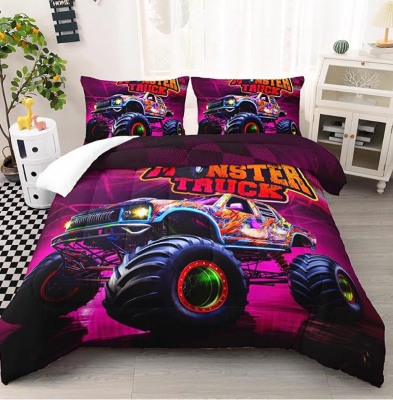 Ntlfup Monster Truck Comforter Set Full Size, Racing Sport Bedding for Boys Teens Adults, Colorful P