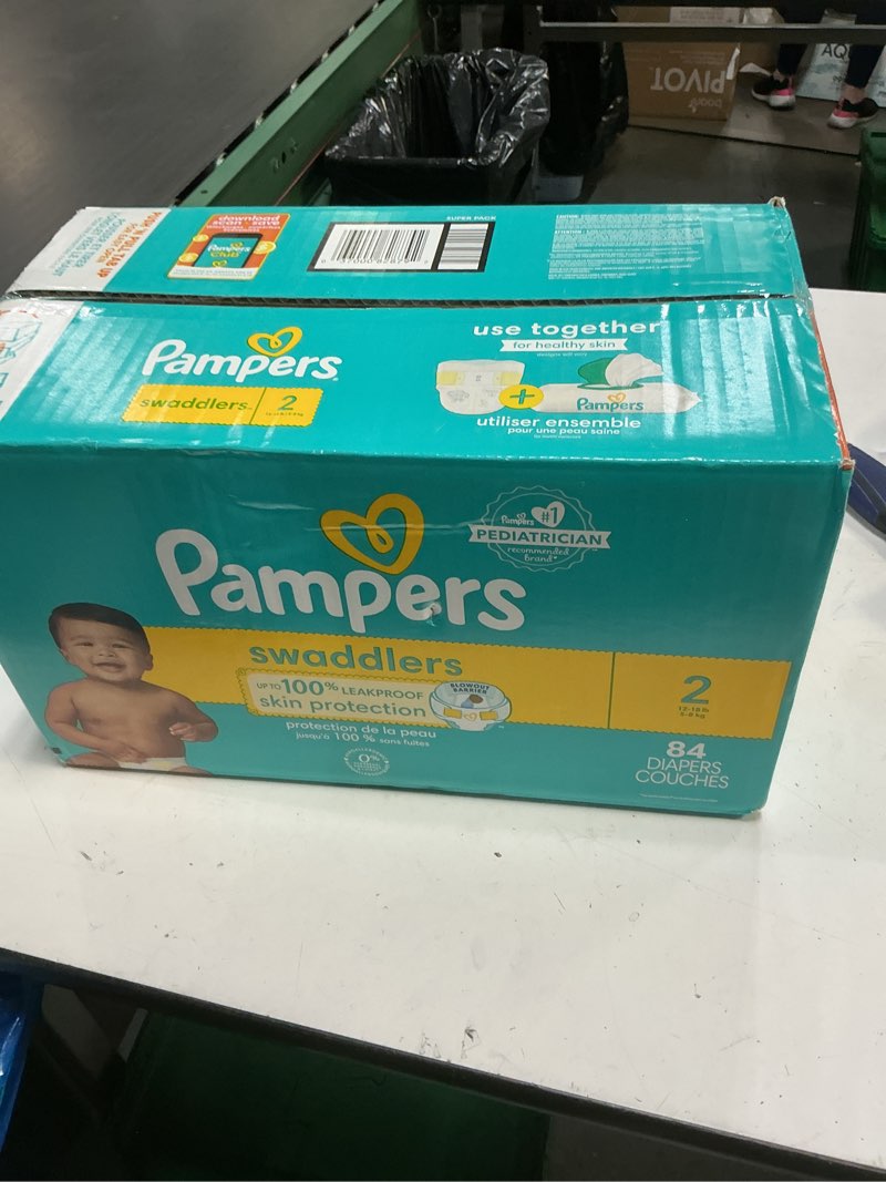 Condition photo showing New/Like New for pampers swaddlers diapers, size 2 (10-22 lbs), 84 count, absorbent, keeps baby dry and comfortable, skin safe disposable baby diaper (packaging may vary) size 2 84