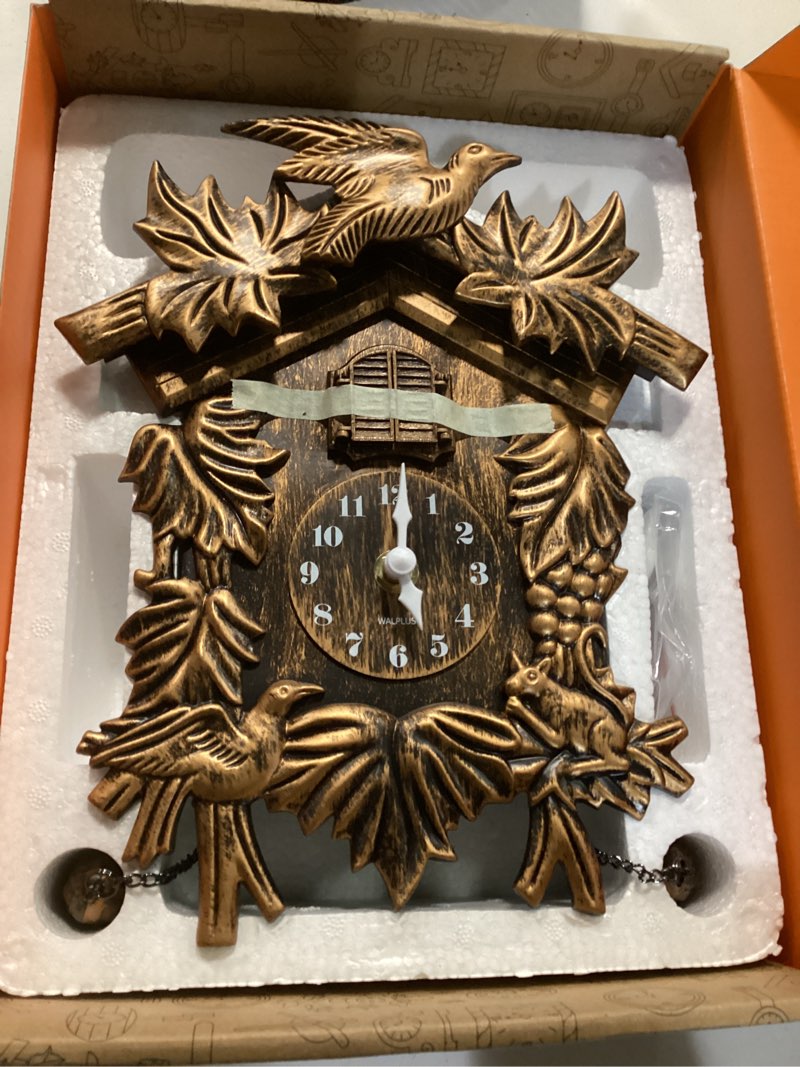 Condition photo showing Good Condition for WALPLUS Chiming Cookoo Clock Brown Vintage Bird Flapping Cuckoo Clocks Volume Adjustable Coo Coo Clocks Wall Decoration Battery Operated Pendulum Cuckoo Clock for Home Living Room Office One Size Brown