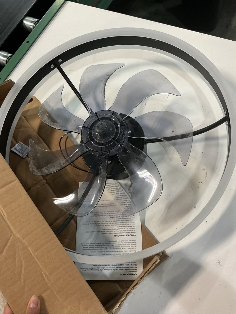 Condition photo showing As Is for 20" rgb ceiling fans with lights and remote/app, dimmable 3000-6500k led low profile ceiling fan with light, modern fandelier flush mount ceiling fan light for living room, bedroom and kitchen black 20 inch