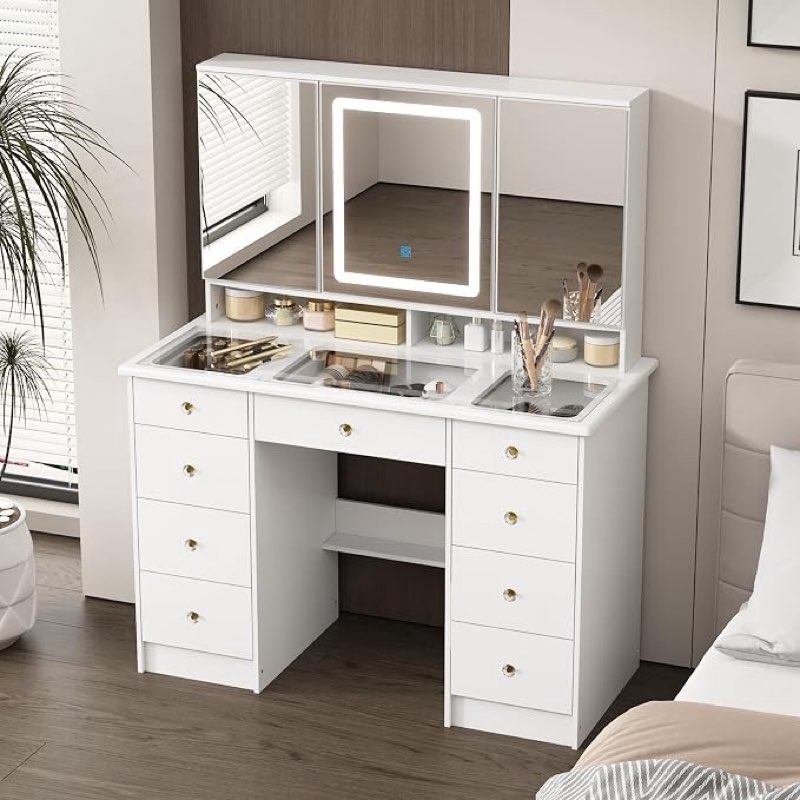 fufu&gaga vanity desk with mirror and lights, large glass top vanity | 9 drawers & hidden shelves, modern dressing table for bedroom, white