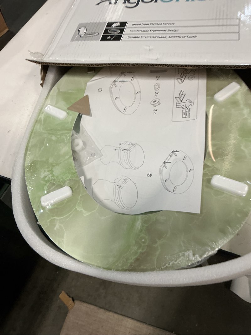 Condition photo showing New/Like New for round toilet seat natural wood toilet seat with zinc alloy hinges, easy to install also easy to clean, anti-pinch marble toilet seat by angol shiold (round, green marble) round-16.5“ green marble