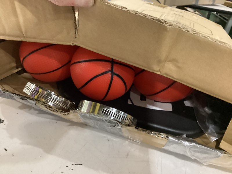 Condition photo showing As Is for basketball hoop for trampoline, fits straight and curved pole trampoline basketball hoop attachment with balls and pump, universal accessories of all ages, height and angle adjustable black