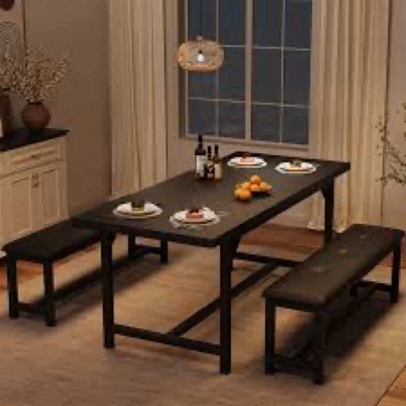 Gaomon Dining Room Table Set For 4-6 – 63" Extendable Kitchen Table With 2 Upholstered Benches, Perfect For Small Spaces And Apartments, Rustic