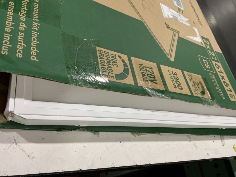 Condition photo showing As Is for lithonia lighting cpanl 2x2 33lm sww7 120 td dcmk 2 ft. x 2 ft. ll cpanl led flat panel with 3300 lumens and 3500 to 5000k switchable cct with direct ceiling mount bracket