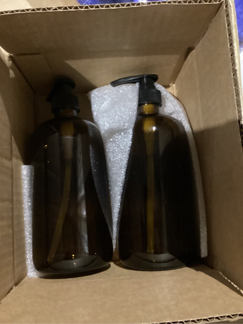 Condition photo showing New/Like New for 32 Ounce Glass Pump Dispenser Bottle, Large Amber Container with Pump for Shower and Bath Shampoo Soap Conditioner Lotion - 1 Liter Shower Bottles- by Kitchentoolz Amber Pack of 2