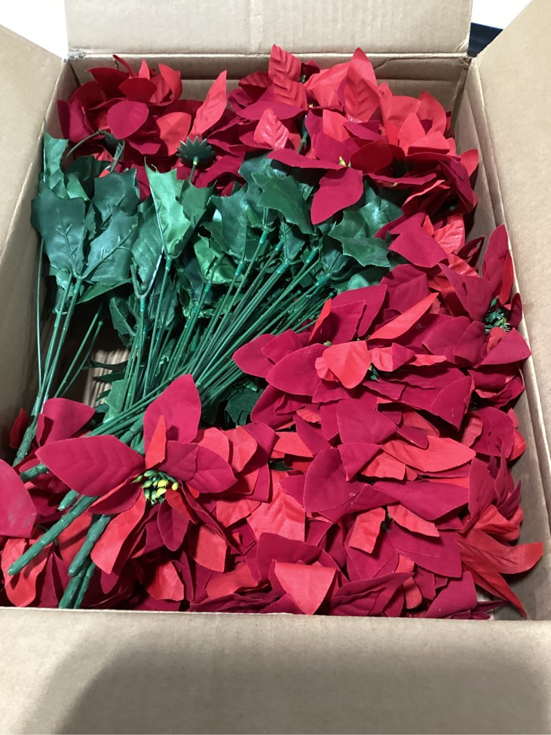 Condition photo showing Good Condition for Alupssuc 16 Pack 7 Heads 17in Poinsettia Christmas Flowers Artificial Velvet Fake Poinsettia Bouquet, Indoor & Outdoor Christmas Tree Decorations for Vase Table Porch Garden Decor, Red Red 16