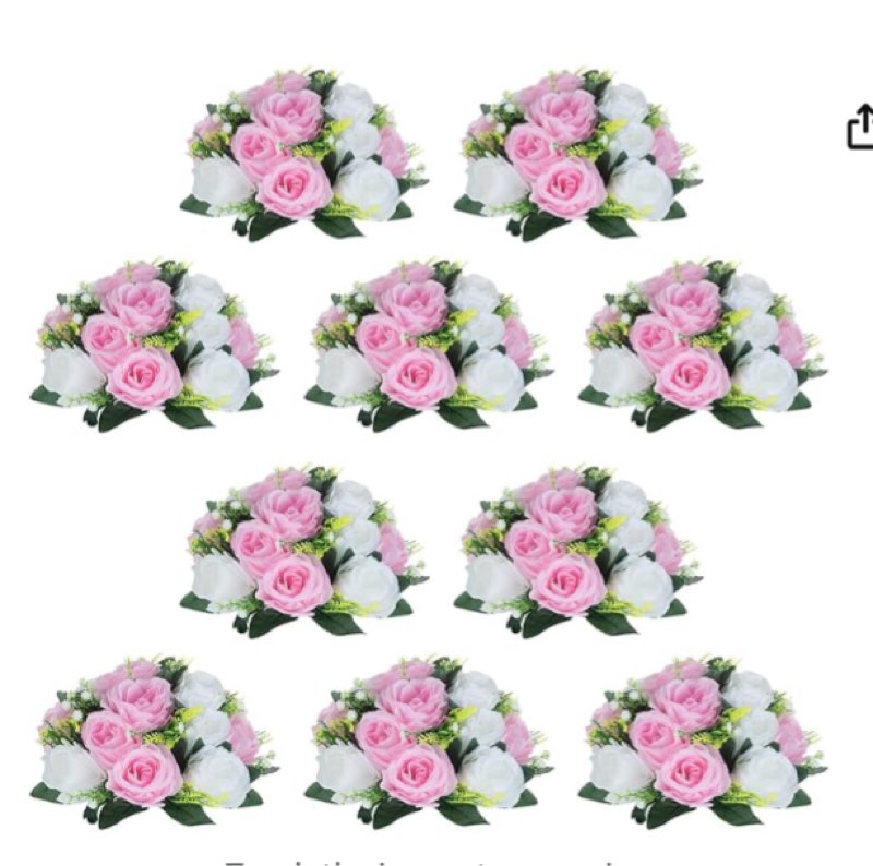 NUPTIO 10 Pieces Pink White Fake Flower Ball Arrangement Bouquet 15 Heads Plastic Roses with Base, Suitable for Wedding Centerpiece Flower Rack for Parties Home Décor