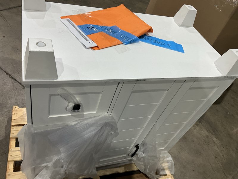 Condition photo showing As Is for allen + roth rigsby 36-in white undermount single sink bathroom vanity with white engineered stone top