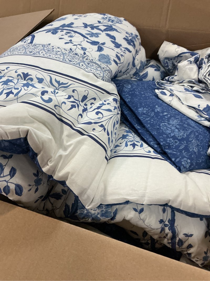 Condition photo showing Good Condition for laura ashley - king comforter set, soft & reversible cotton bed set, 4 piece floral bedding with matching pillowcases & bonus bed skirt (charlotte blue)
