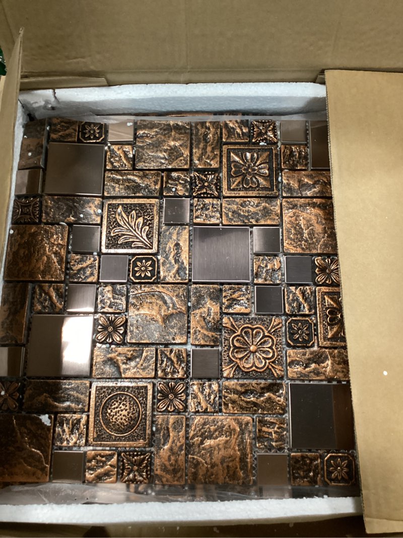 Condition photo showing New/Like New for Hominter Bronze & Brushed Metal Mosaic Tile Copper Textured Resin Decorative Wall Backsplash for Kitchen Backsplash, Bathroom Wall, Fireplace Surrounds (5 Square Feet)