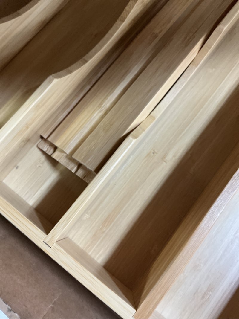 Condition photo showing As Is for Umilife Bamboo Kitchen Drawer Organizer, 8.25 Inch Silverware Utensils Tray Holder for Small Drawer, Wood Caddy for Flatware Cutlery Knives 8.25 x 13 inch (5 Slots)