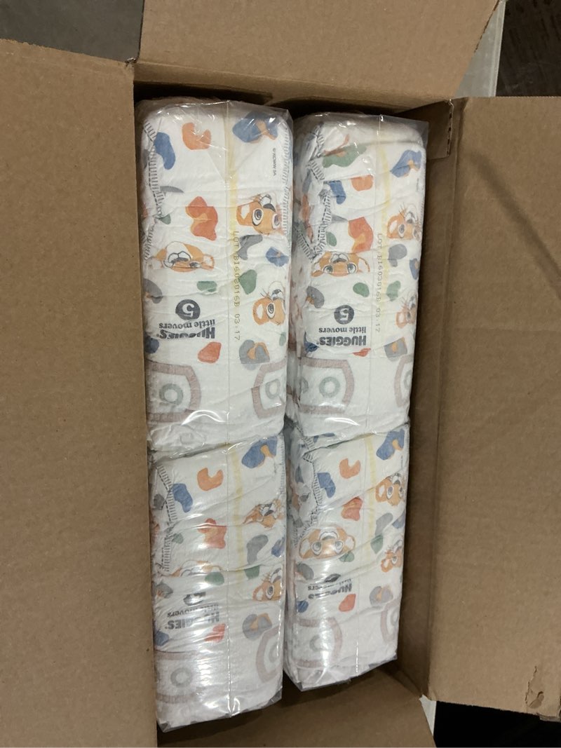 Condition photo showing New/Like New for huggies size 5 diapers, little movers baby diapers, size 5 (27+ lbs), 104 count, packaging may vary size 5 104