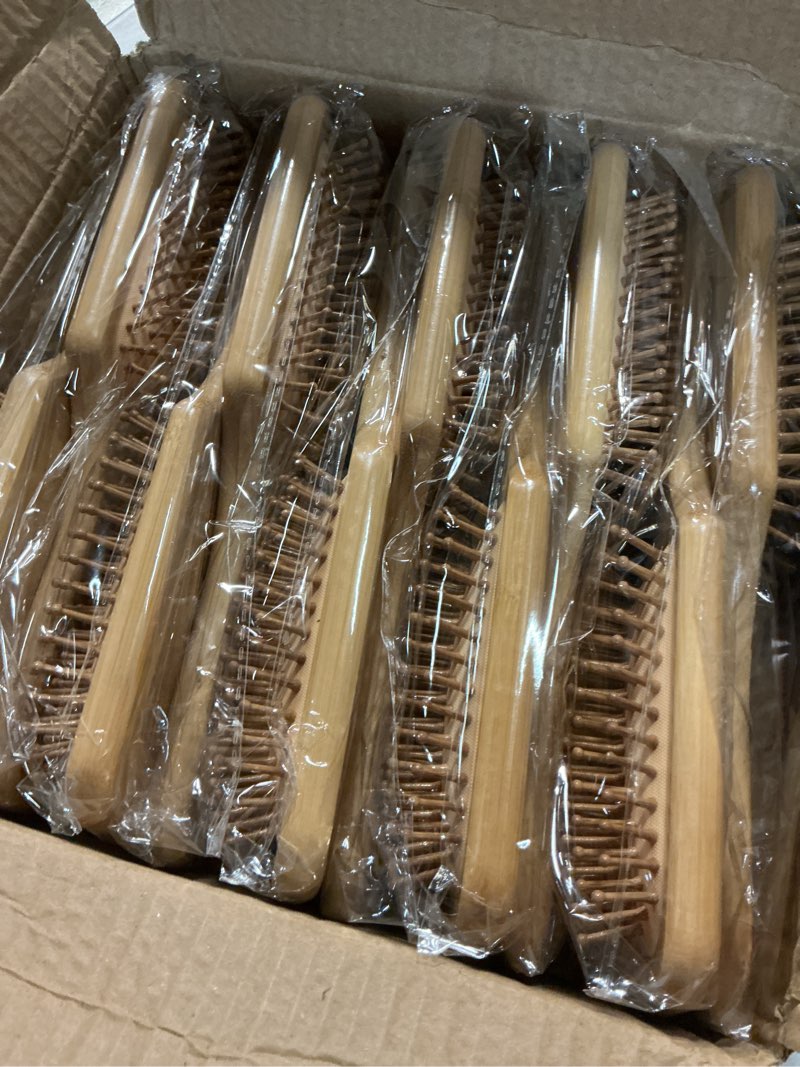 Condition photo showing Good Condition for 10 pcs bamboo hair brush, bulk round-tipped bamboo bristles detangling brush paddle mini wood hairbrushes, lightweight massage anti static for women men, stimulates scalp for hair growth, 9.84 × 3.4''