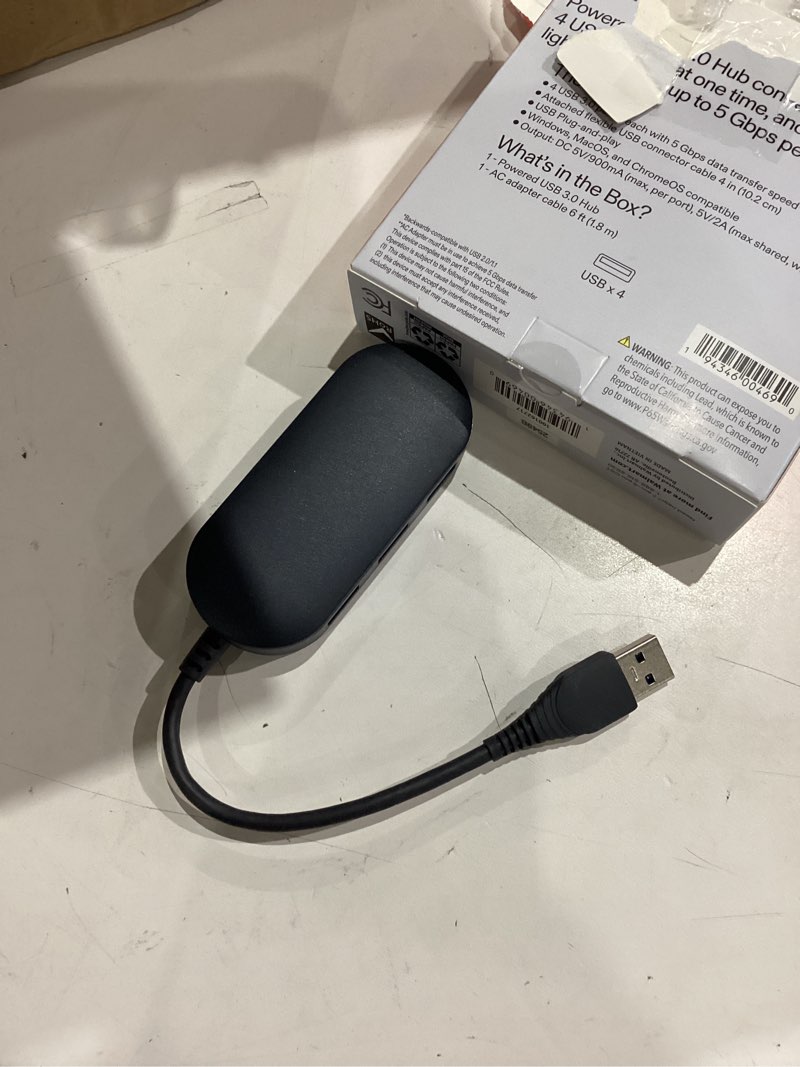 Condition photo showing As Is for onn. usb 3.0 hub with 4 usb 3.0 ports & 3.9 in. connector - grey