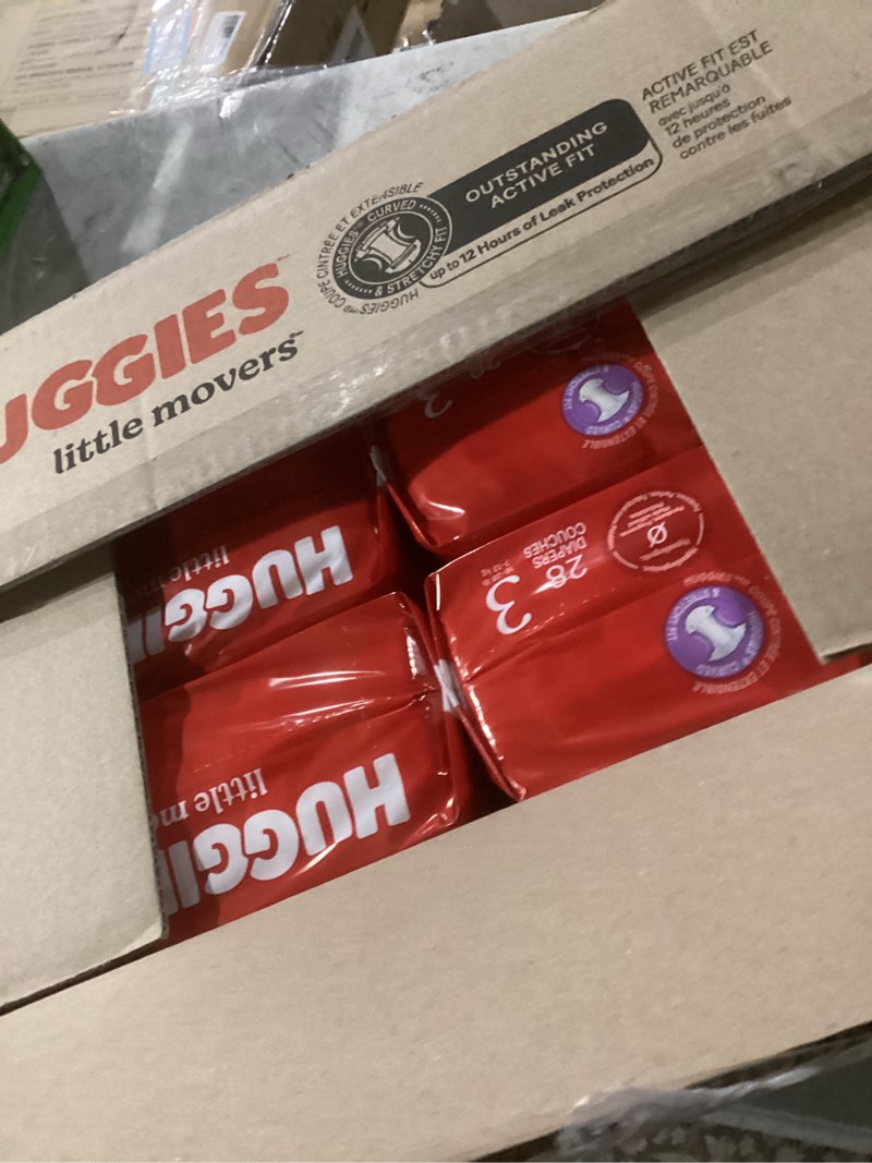Condition photo showing New/Like New for huggies size 3 diapers, little movers baby diapers, size 3 (16-28 lbs), 168 count (6 packs of 28), packaging may vary