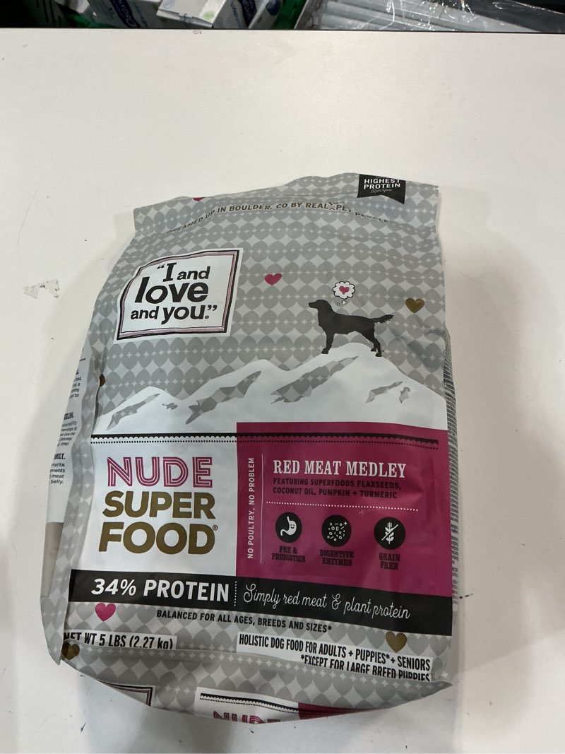 Condition photo showing New/Like New for (BEST BY 03/12/2026)I and love and you Nude Super Food Dry Dog Food - Red Meat Medley - Prebiotic + Probiotic, Grain Free, Real Meat, No Fillers, 5lb Bag Red Meat Medley 5 Pound (Pack of 1)