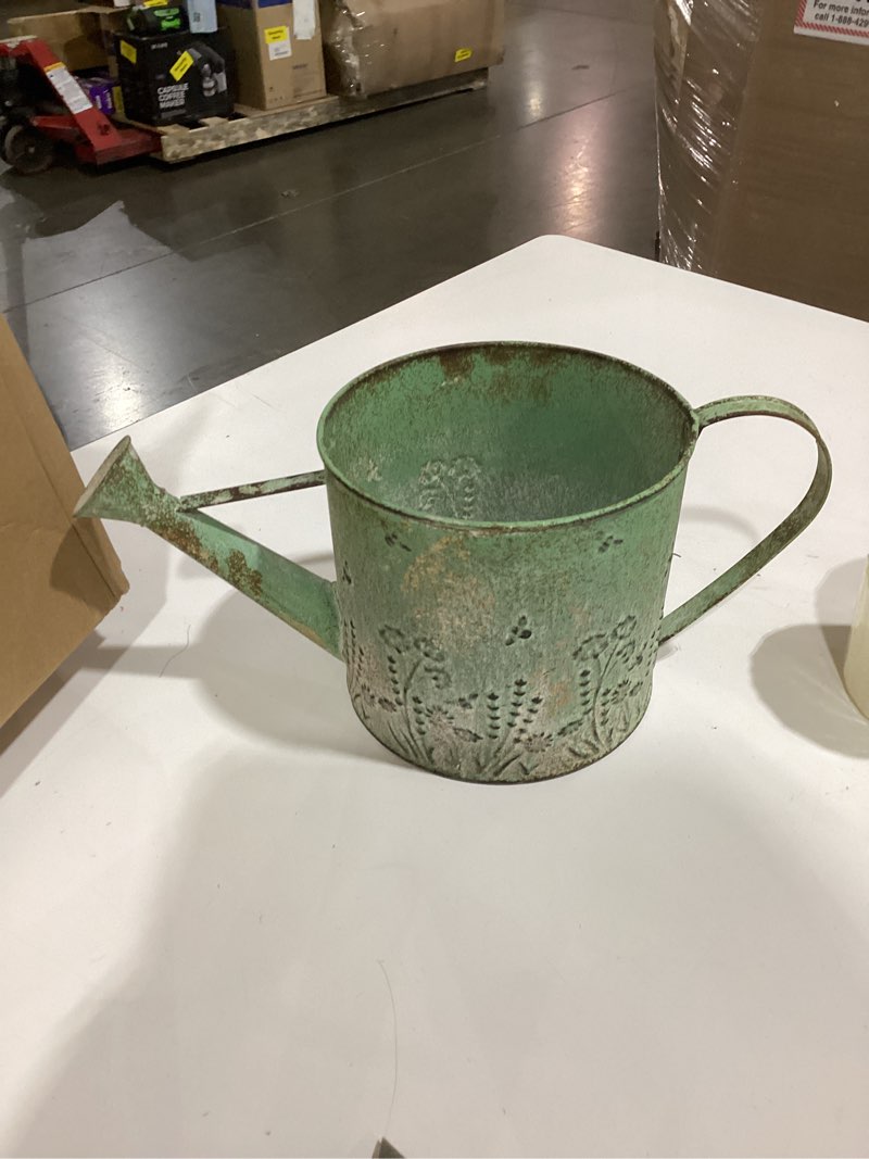 Condition photo showing As Is for vintage metal watering can with country corner floral emboss & wooden handle garden distressed blue decorative watering pot farmhouse waterer for home garden balcony courtyard 2 gallon