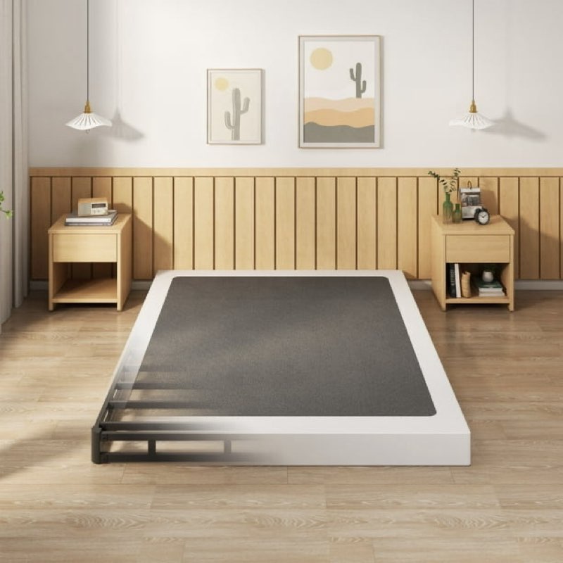 maenizi box spring full size bed 5 inch low profile, heavy duty metal box spring bed base with fabric cover, mattress foundation, easy assembly, noise free, black