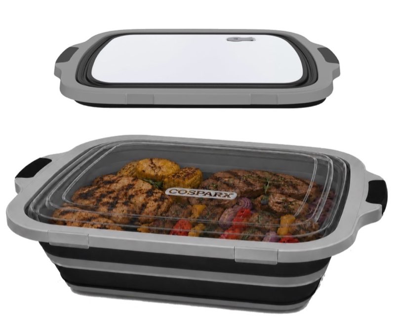 bbq prep tub 3-in-1 large 16l collapsible cutting board with locking lid for meal prep marinating food, camping sink with colander, dish basin, storage blanket for camping picnic bbq, black