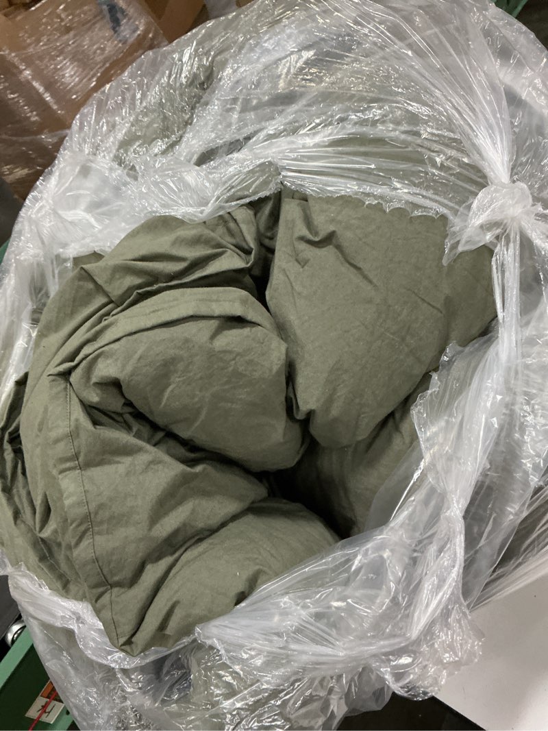Condition photo showing As Is for cotton pintuck comforter, king/cal king, dusty olive