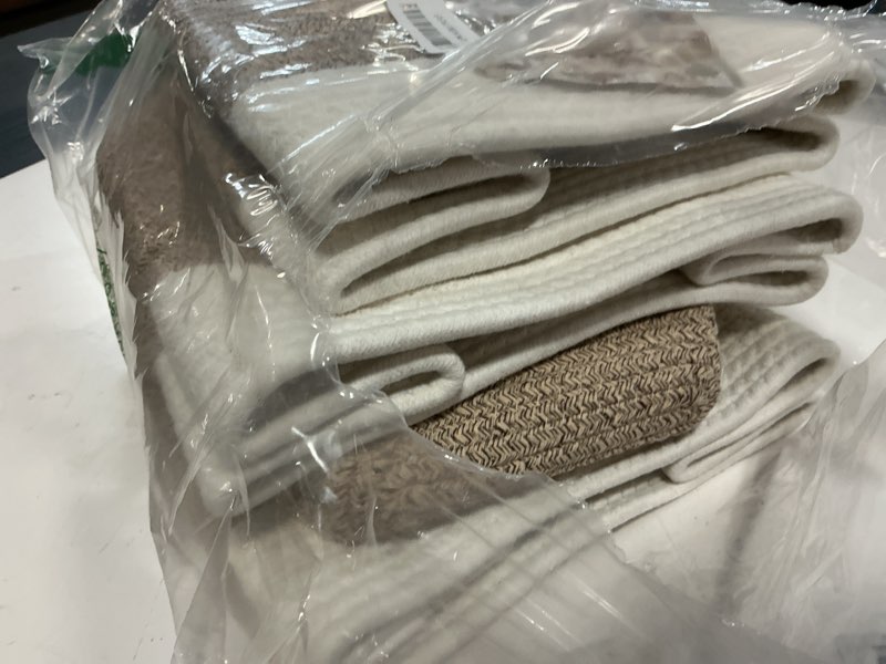 Condition photo showing Good Condition for 4 pack storage baskets for organizing, woven baskets for shelves - perfect for toys, books, towels, and clothes, durable gift basket bins toy storage, 12.7''lx9''wx7.8''h, brown & white brown & white small/12.7''lx9''wx7.8''h