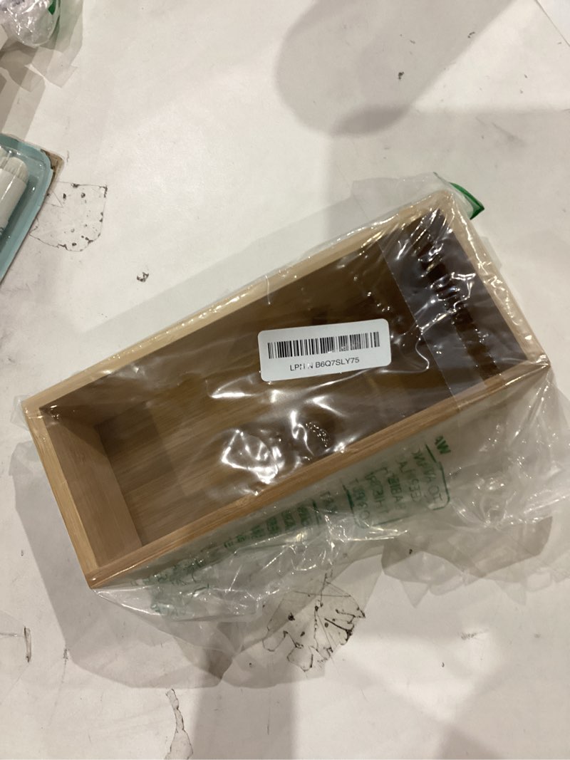 Condition photo showing New/Like New for lipper international bamboo wood utensil holder storage box for cooking tools, makeup, or office supplies, 4" x 9 1/4" x 3"
