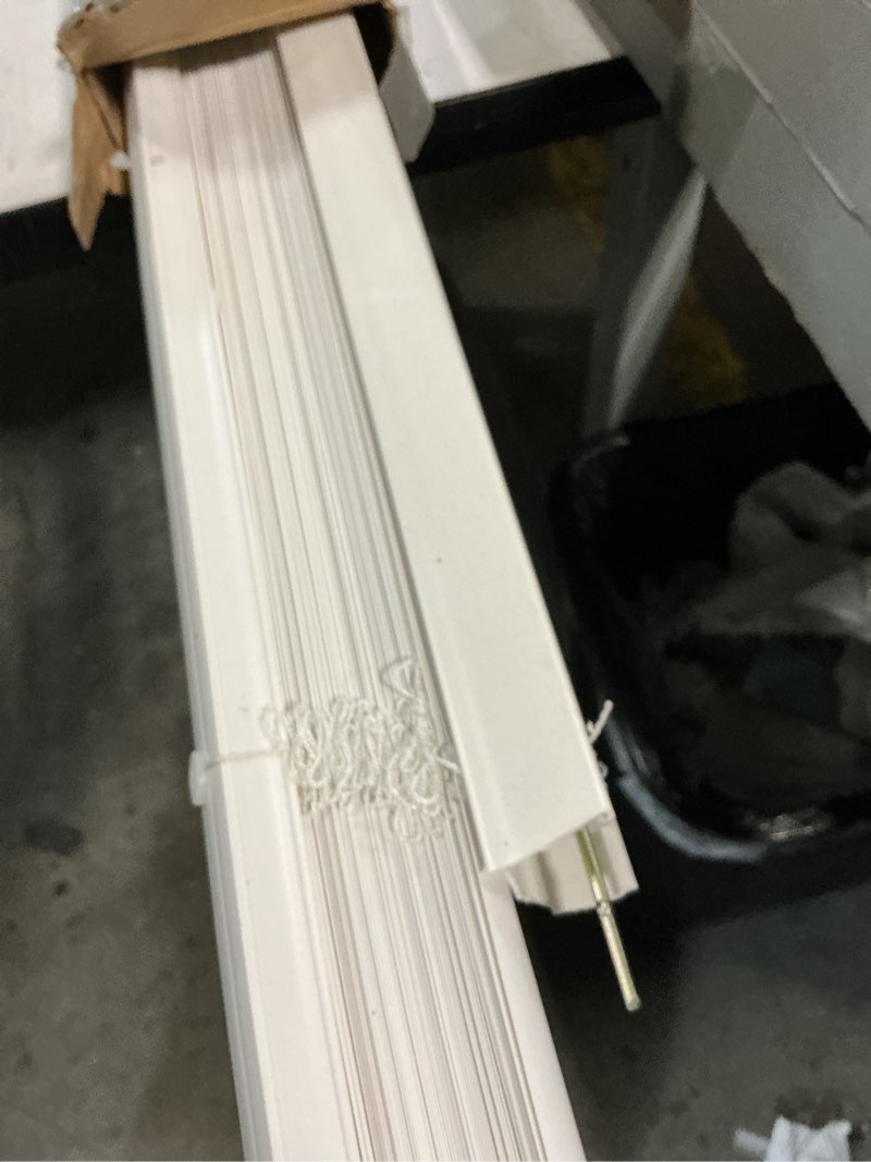 Condition photo showing As Is for mainstays 1  cordless room darkening vinyl blinds  white  72  width x 64  length