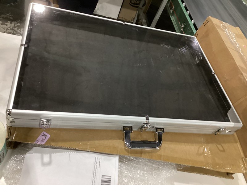 Condition photo showing Good Condition for silver large 34"x22" aluminum show card display case, lockable trading card display case with handle, sports card/tcg/jewelry display box silver