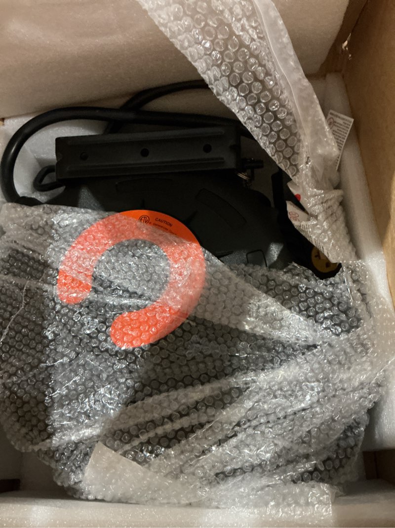 Condition photo showing As Is for dewenwils retractable extension cord reel, 40ft 10awg/3c sjtw heavy duty power cord, 4 grounded outlets, 20 amp circuit breaker, 2500w, 180° swivel bracket for ceiling/wall mount, etl listed 10awg/3c 40ft