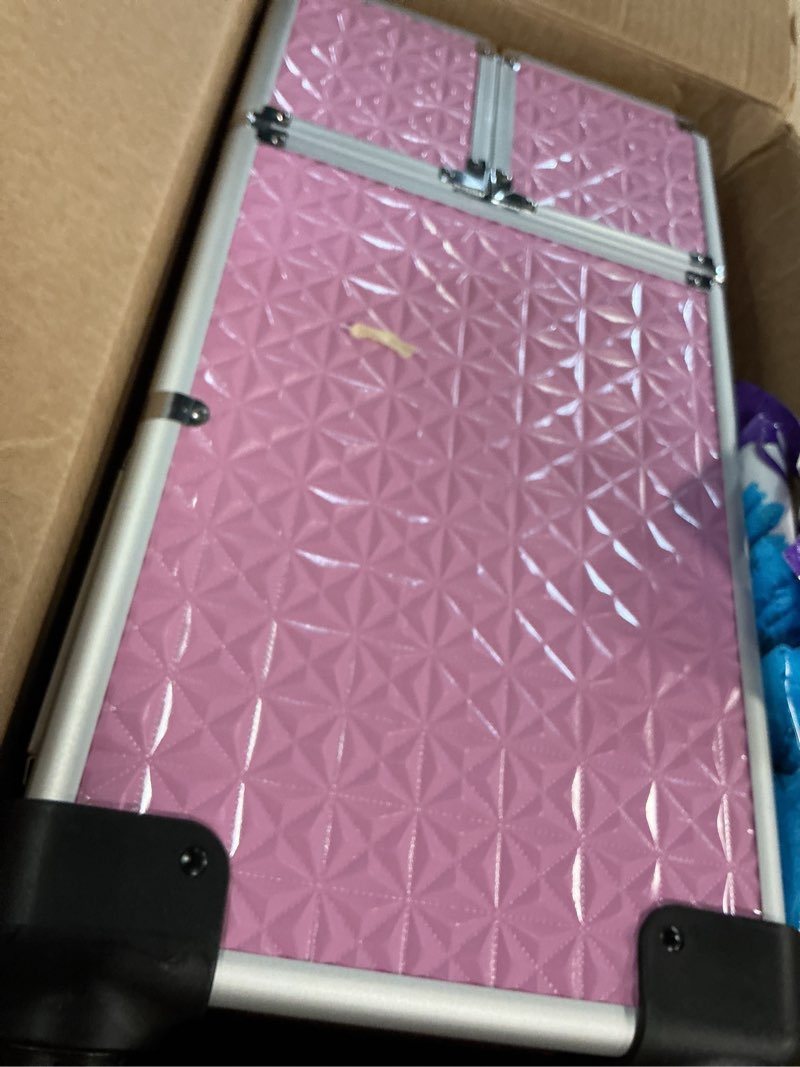 Condition photo showing Good Condition for topack rolling makeup train case,professional cosmetology case on wheels,large cosmetic organizer trolley case,makeup travel case with draws,nail artist hairstylist storage traveling cart trunk,pink all pink medium
