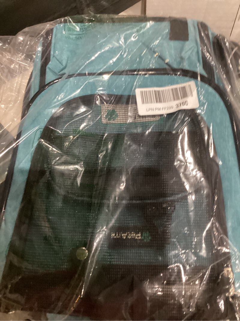 Condition photo showing As Is for petami dog backpack carrier, airline approved cat backpacks for carrying small large cats, pet carrier back pack, ventilated soft sided for travel, hiking, camping, max 18 lbs, turquoise turquoise one size